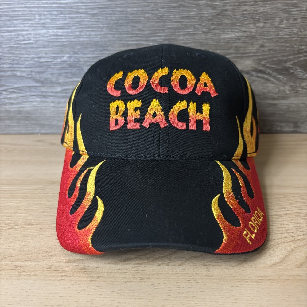Cocoa Beach Hat Cap Strap Back Black Red Yellow Flame Embroidered Florida Mens